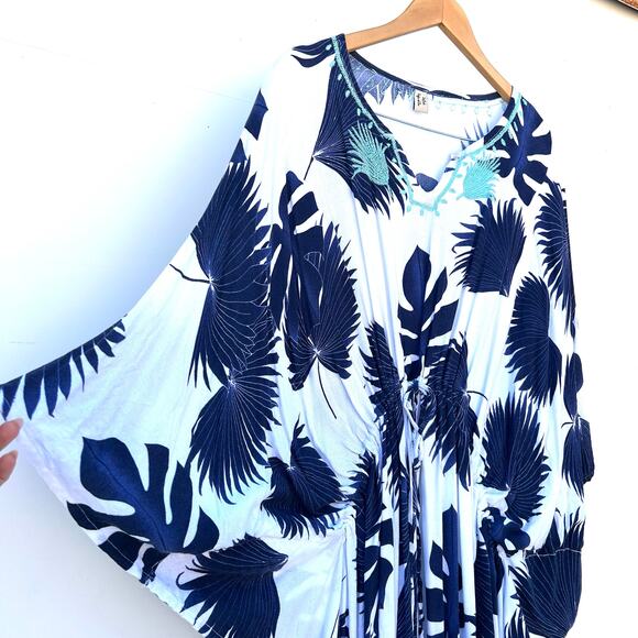 Caftan Maxi Dress Cover-Up Kaftan Long Blue White Floral Large Lightweight - Picture 8 of 9